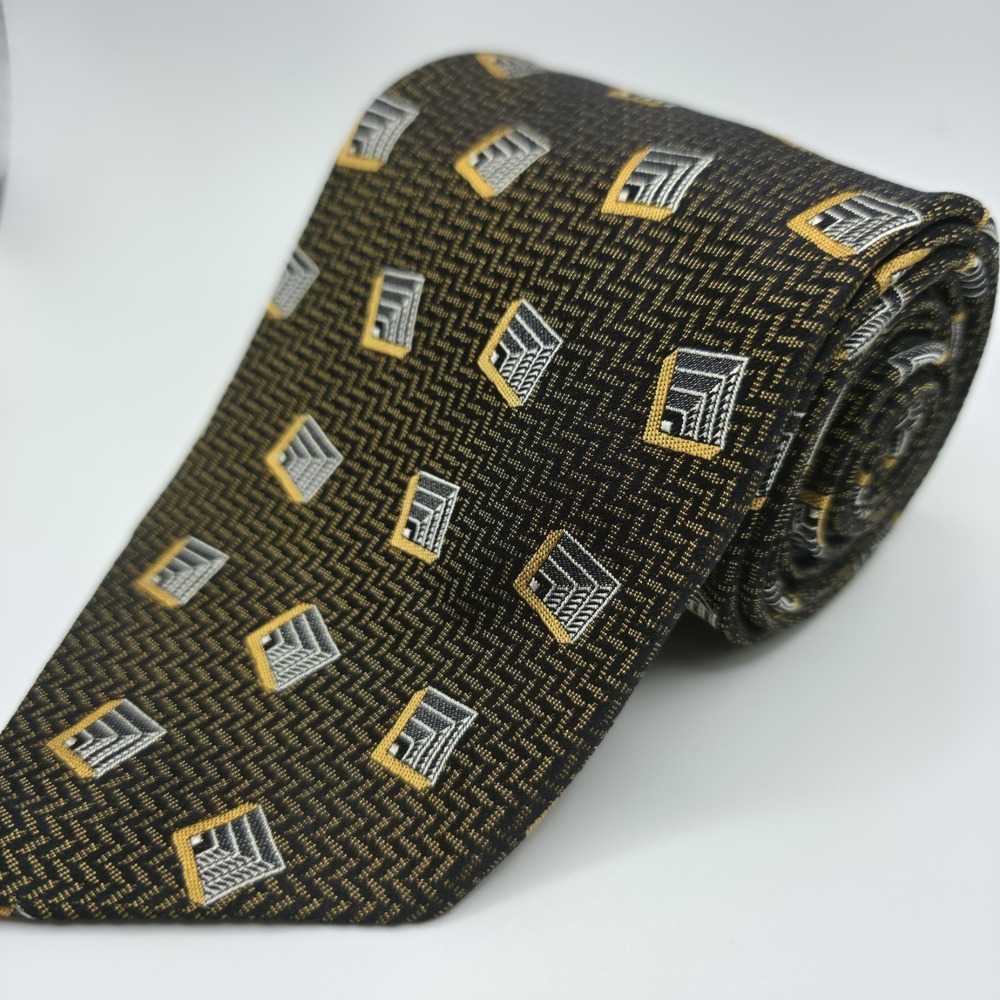 Robert Talbott Best in Class Tie 100% Silk Hand Sewn USA Black Gold Geometric‎